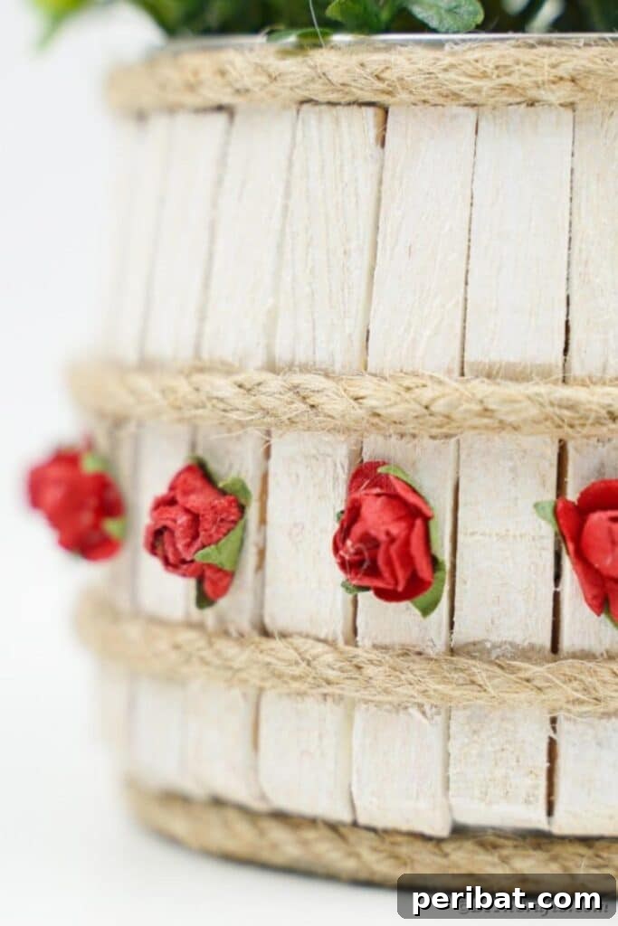Pegged Tin Pot & Storage 34 Clothespin covered tin can with a striking red rose, a focal point of decor