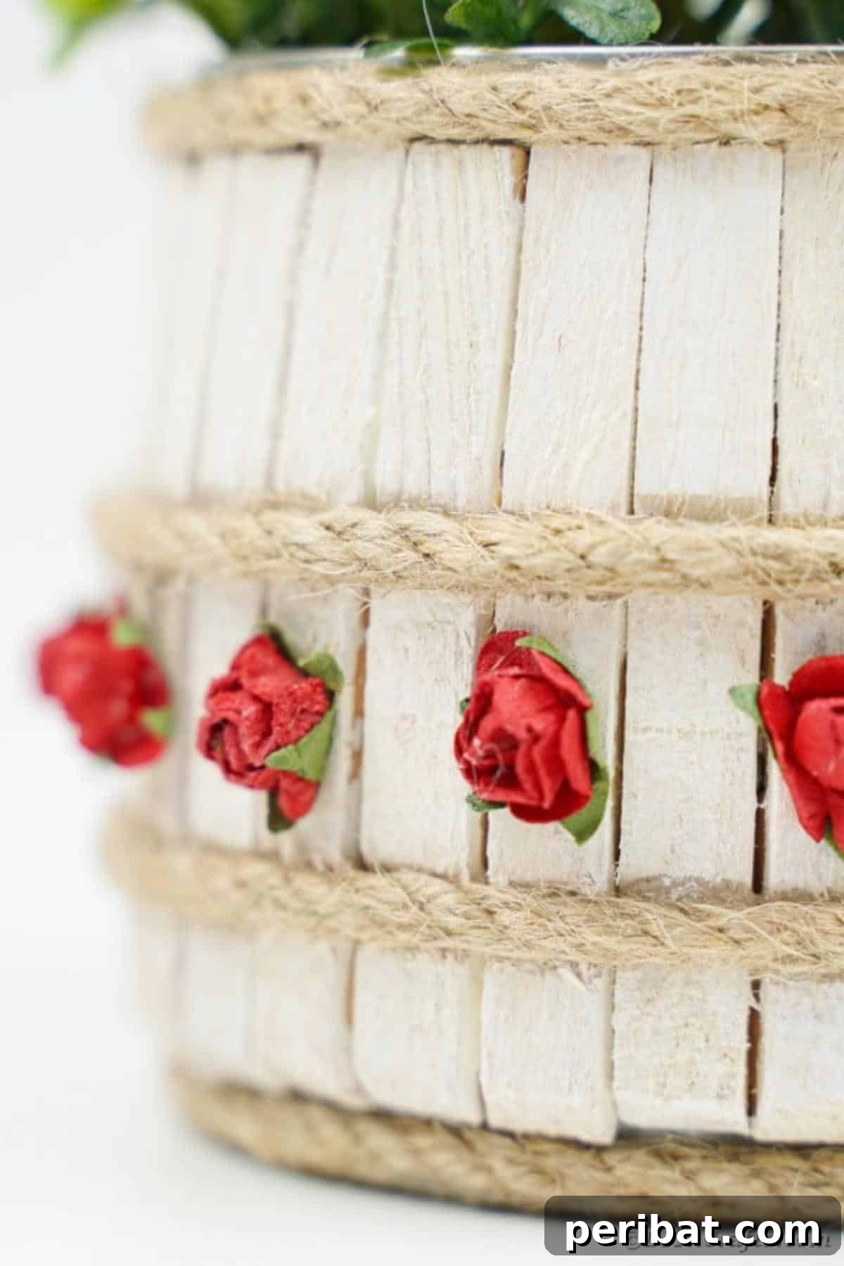 Pegged Tin Pot & Storage 8 Clothespin covered tin can with an exquisite red rose accent, highlighting detailed craftsmanship