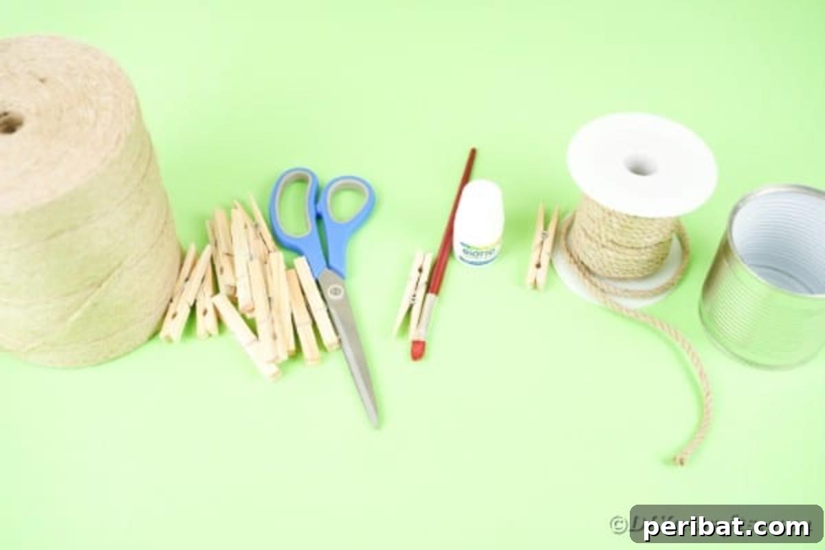 Pegged Tin Pot & Storage 9 All the supplies needed to create the decorative tin can organizer laid out on a table