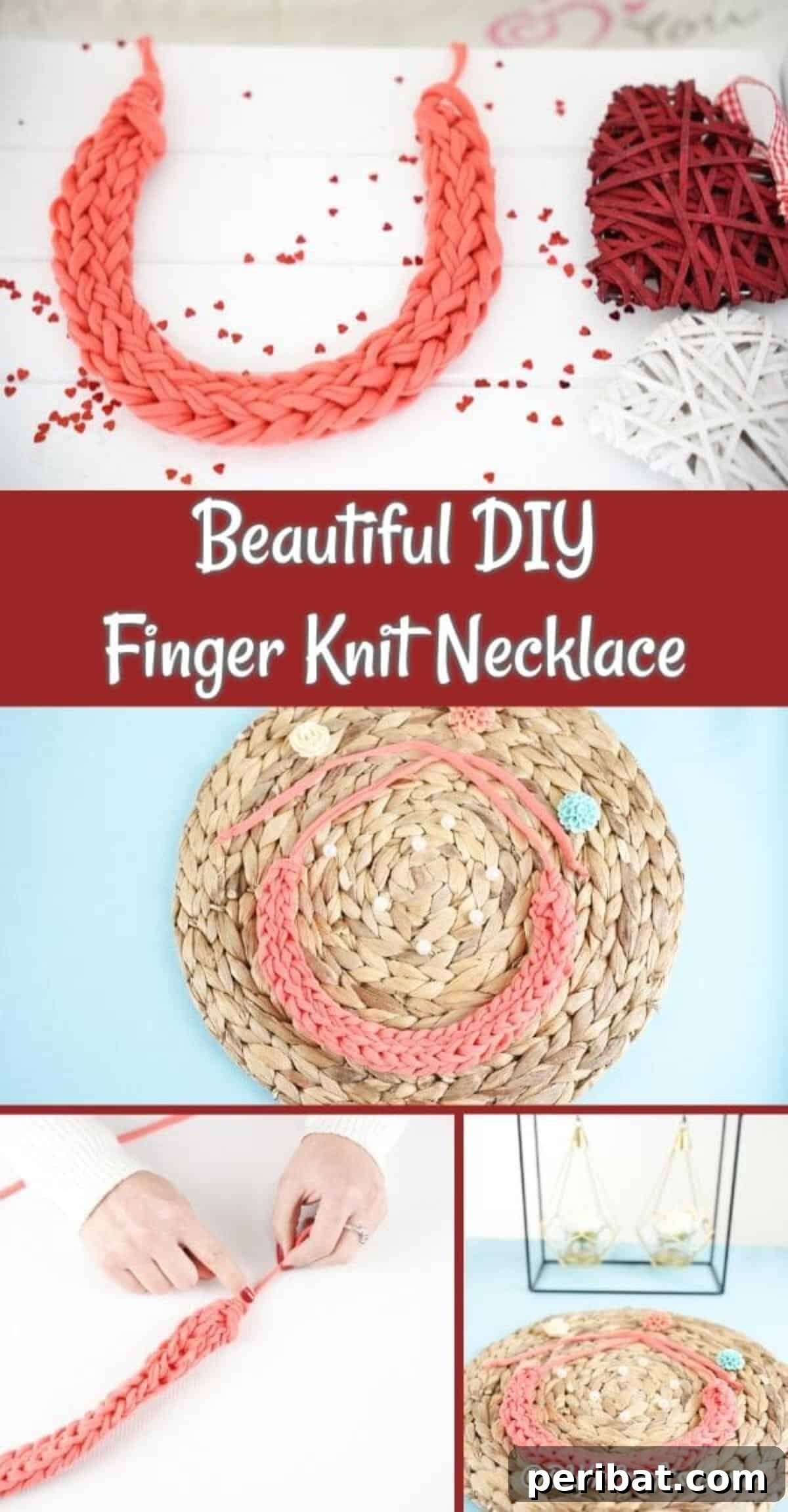 Effortless Elegance: Finger Knit Necklace DIY Video Tutorial 2 A beautifully crafted pink finger knit necklace resting on a woven mat, showcasing its intricate texture and vibrant color.