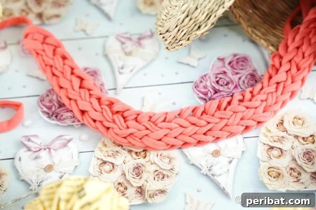 Effortless Elegance: Finger Knit Necklace DIY Video Tutorial 4 A close-up shot of a finished pink finger knit necklace elegantly displayed on floral patterned paper, highlighting its handmade charm.