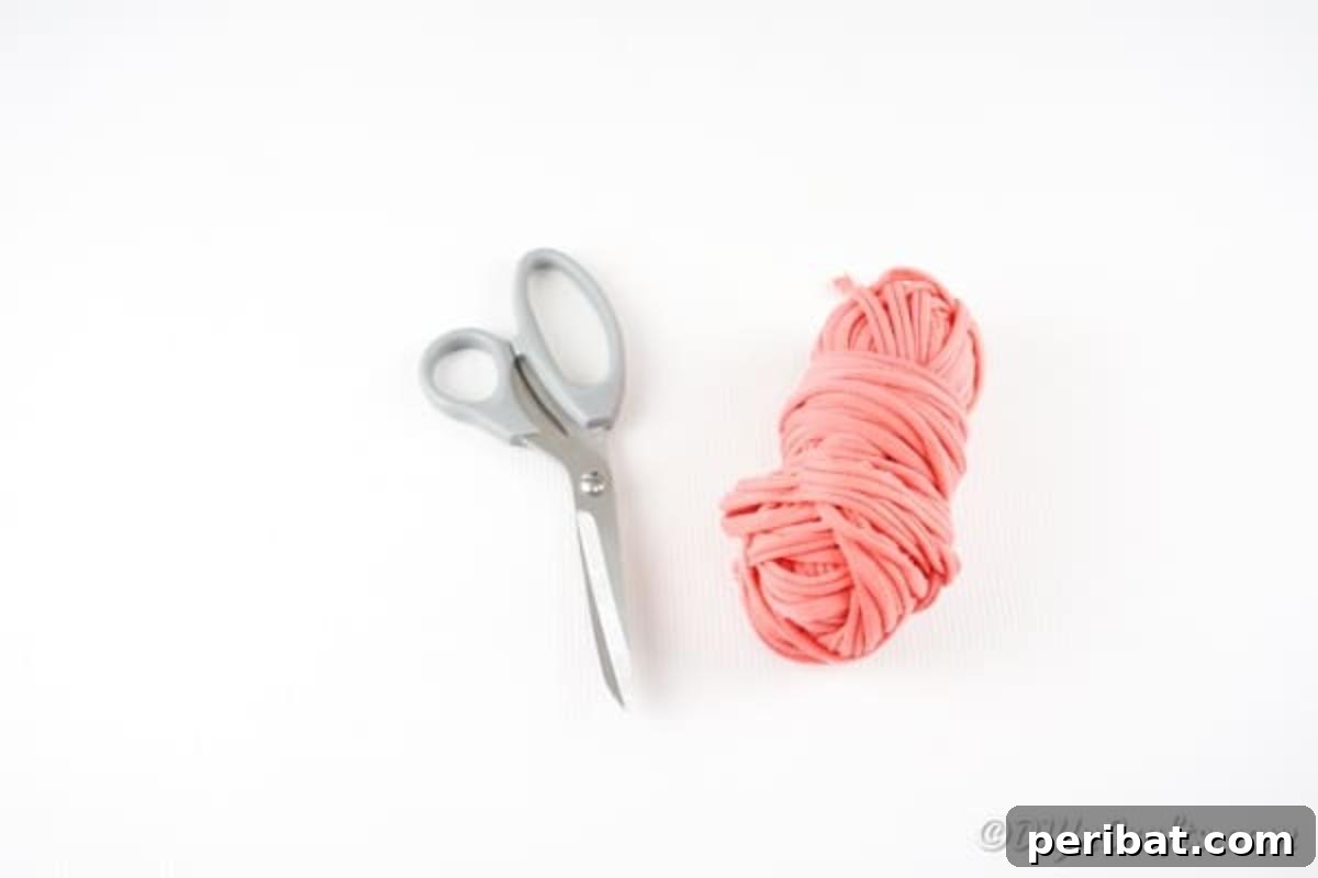 Effortless Elegance: Finger Knit Necklace DIY Video Tutorial 6 A simple flat lay of the essential supplies needed for the finger knit necklace project: thick pink yarn and a pair of scissors.