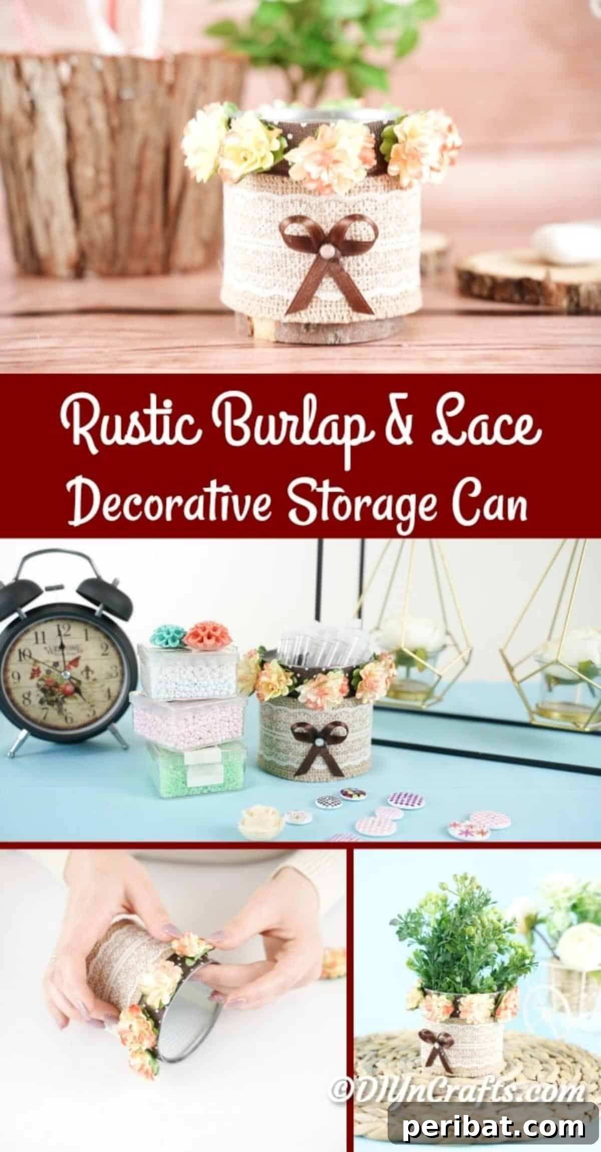 Chic Burlap Lace Accent Canister 2 Decorative storage can collage showcasing various designs
