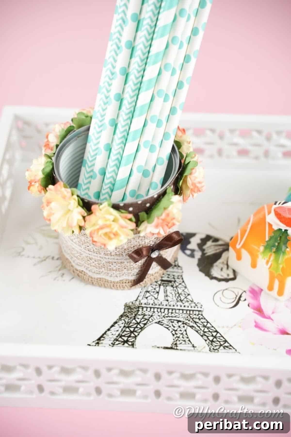 Chic Burlap Lace Accent Canister 3 Upcycled storage can on a wooden tray, filled with colorful paper straws