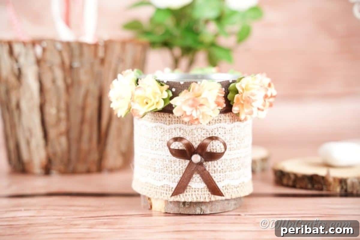 Chic Burlap Lace Accent Canister 4 Close-up of a decorative storage can wrapped in burlap and lace