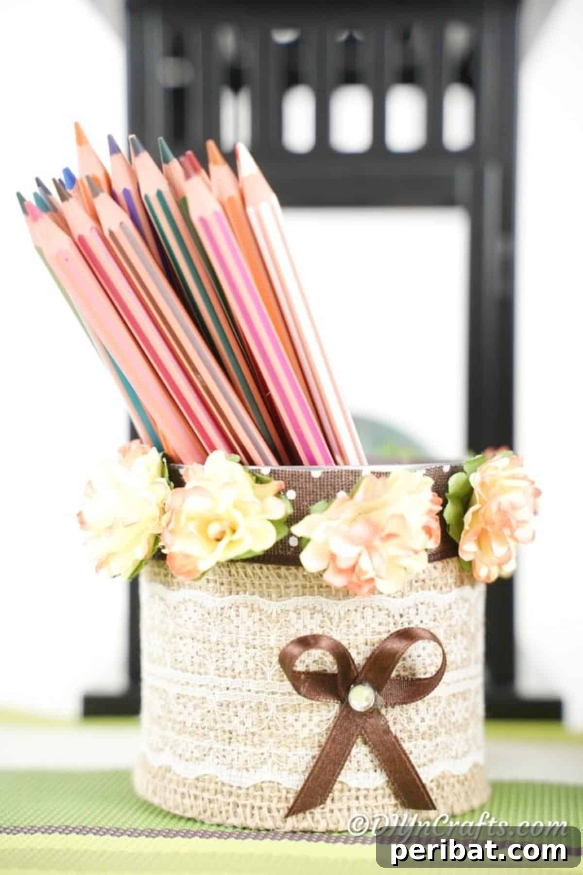 Chic Burlap Lace Accent Canister 5 Burlap and lace wrapped can holding colorful pencils on a desk