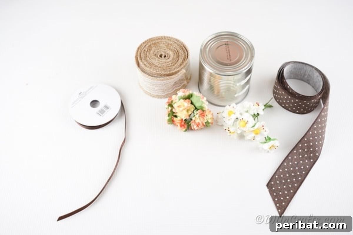 Chic Burlap Lace Accent Canister 7 Arrangement of supplies for making a decorative storage can