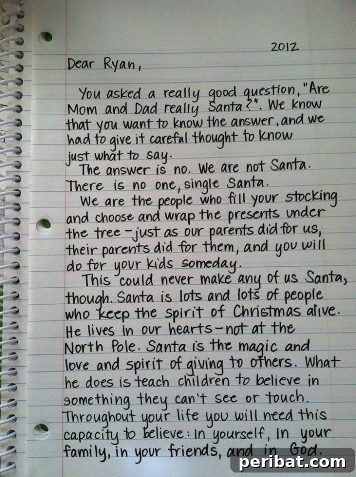 A heartwarming letter to 'Ryan' explaining the truth about Santa, emphasizing the spirit of giving and becoming a helper.