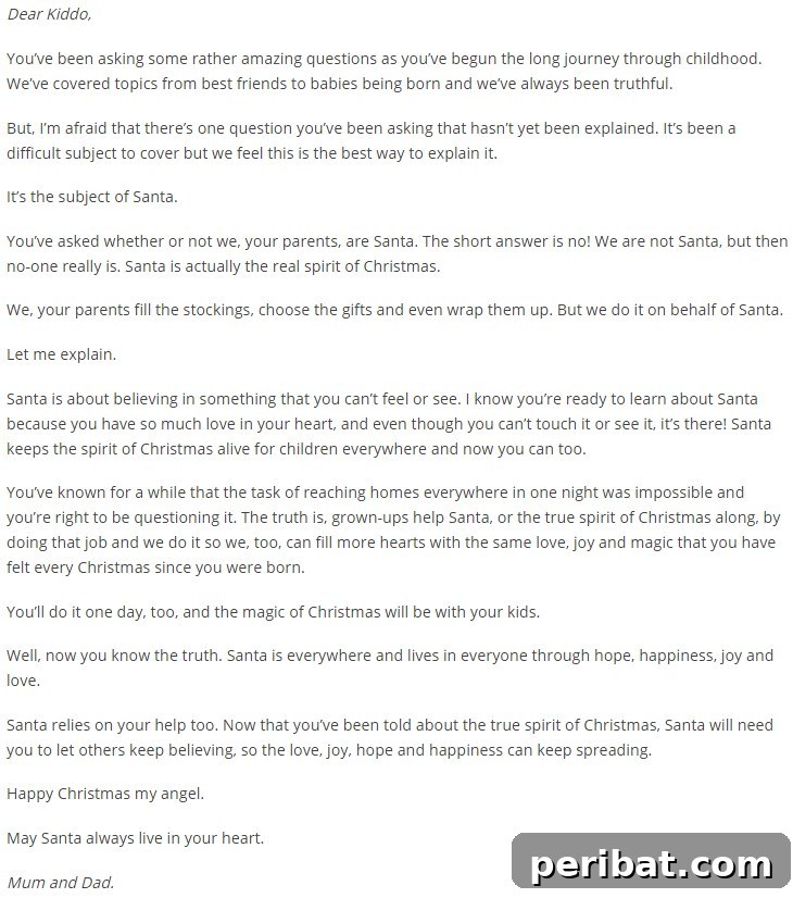 Jo Walsh's personalized letter to her daughter, explaining Santa based on her own childhood experience and desire for a positive transition.