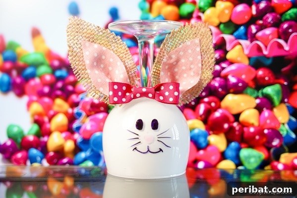 A completed wine glass bunny decoration, ready for display.