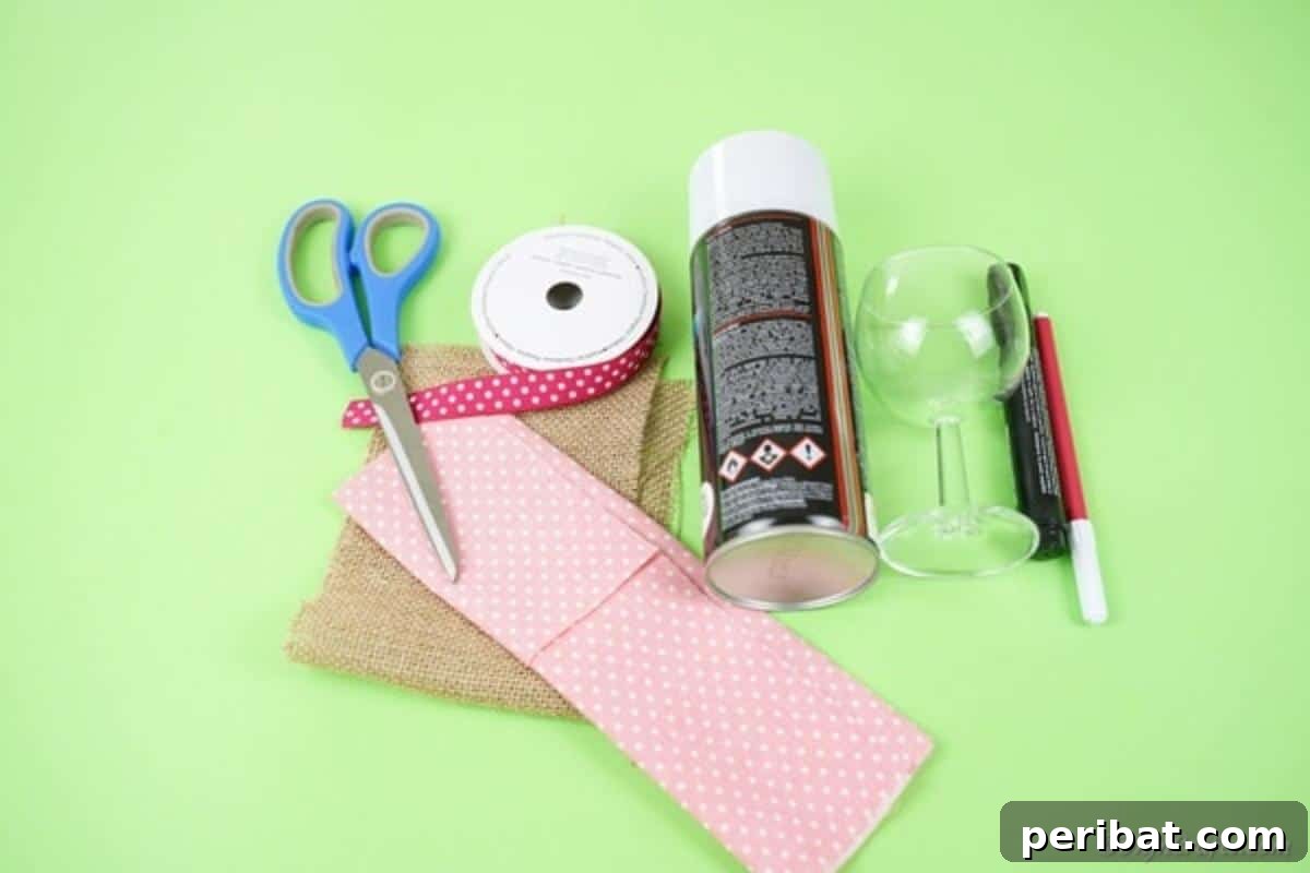 Hoppy Wine Glass Bunny Decor Tutorial 7 A flat lay photograph displaying all the supplies needed for making the wine glass bunny craft.