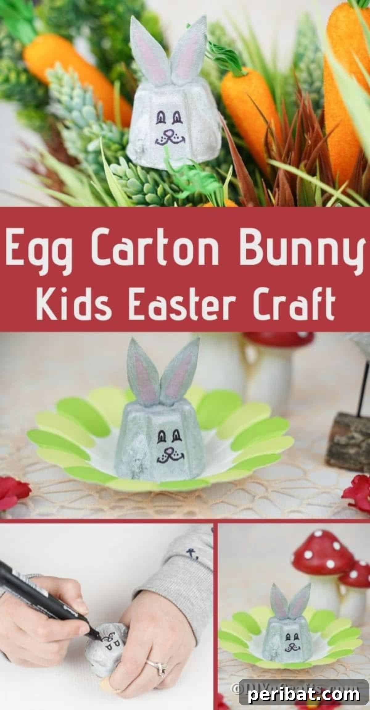 Adorable Upcycled Egg Carton Easter Bunny Craft 2 A charming collage featuring multiple egg carton Easter bunnies in various pastel colors and settings, showcasing their versatility and cuteness as Easter decorations.