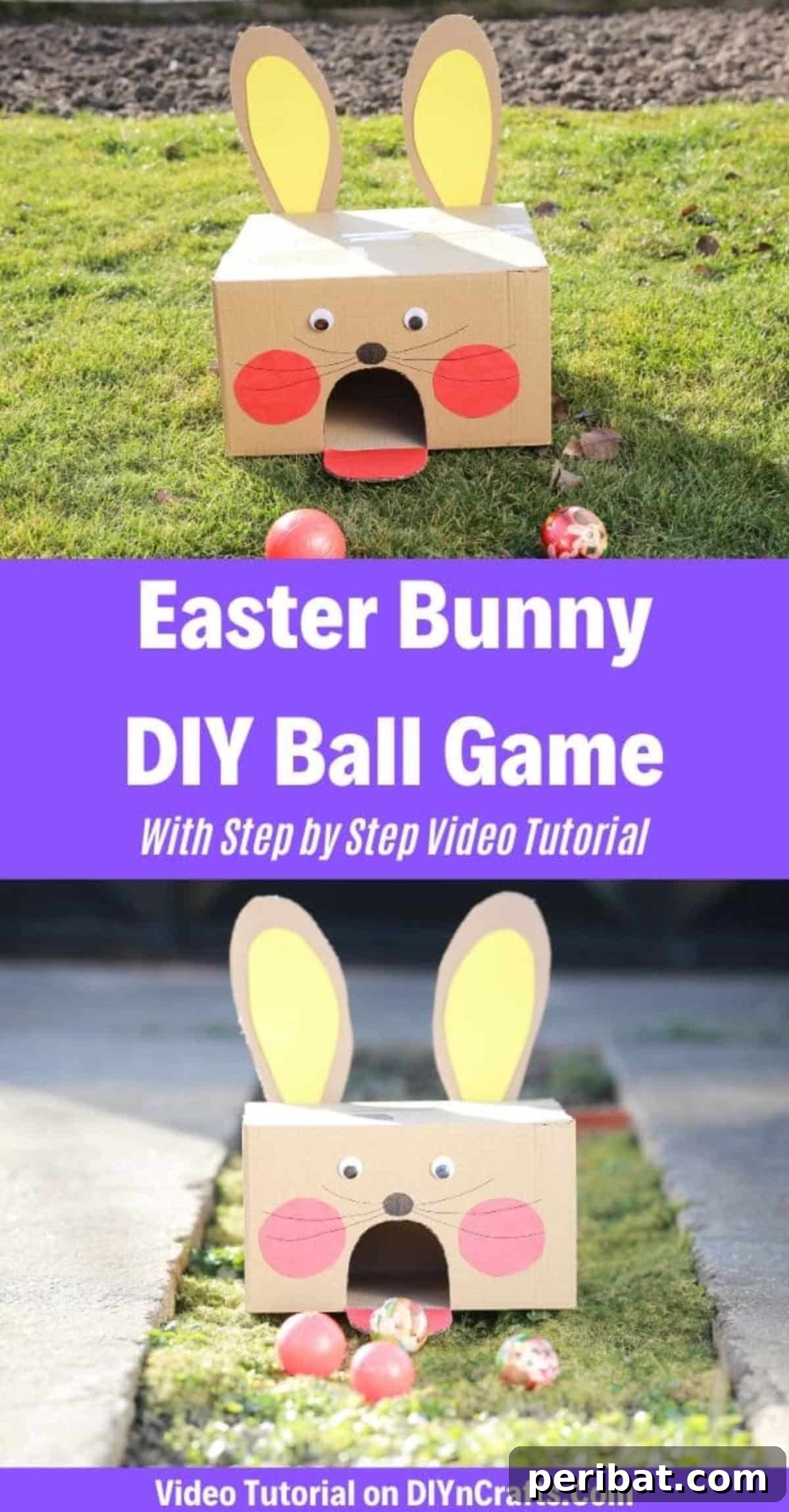 Hoppy Easter Box Ball Toss 2 Fun Easter Bunny Cardboard Box Ball Game ready to play outdoors.