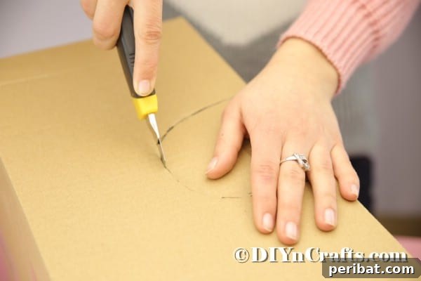 Hoppy Easter Box Ball Toss 23 Cutting hole in cardboard box