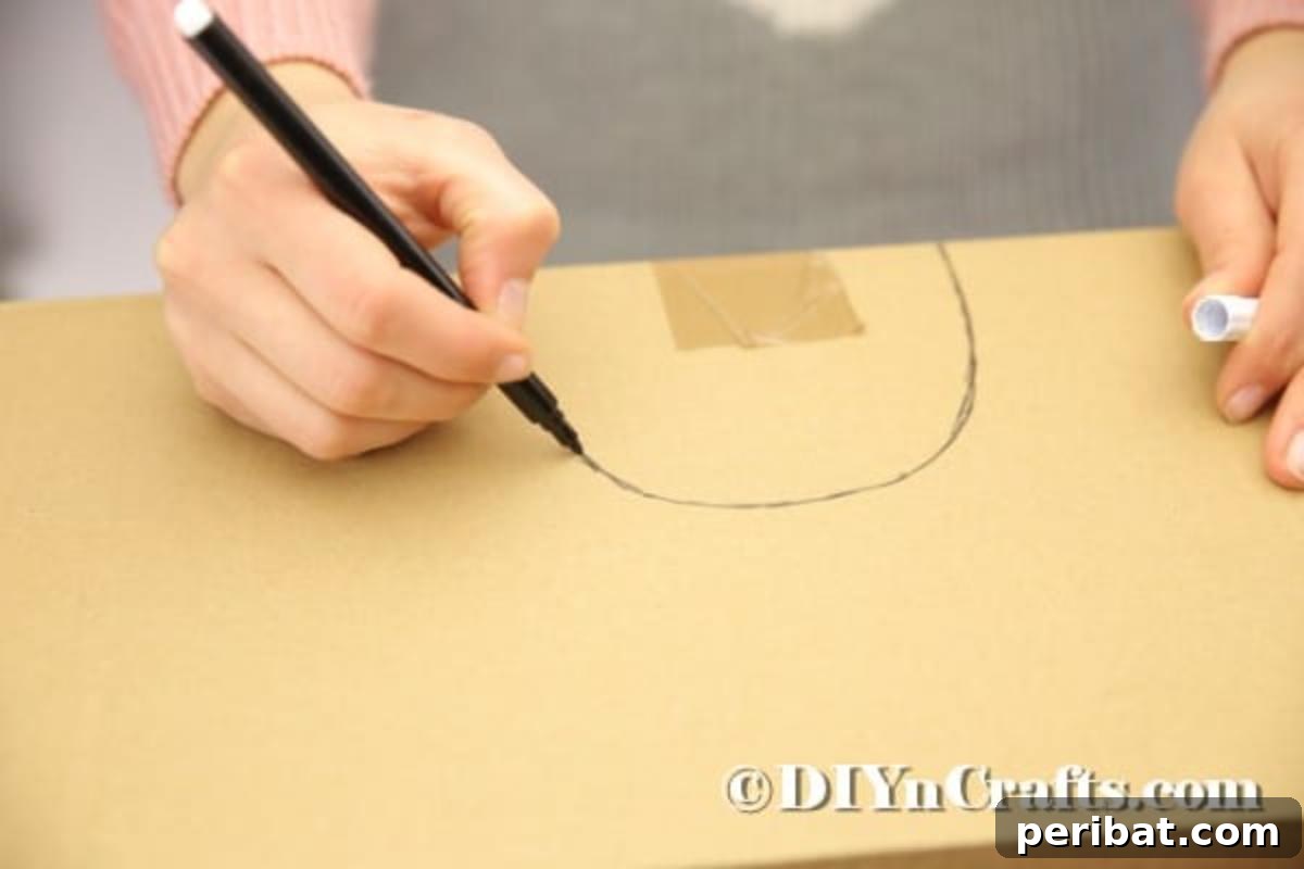 Hoppy Easter Box Ball Toss 7 Drawing a half circle shape on the cardboard box for the bunny's mouth.