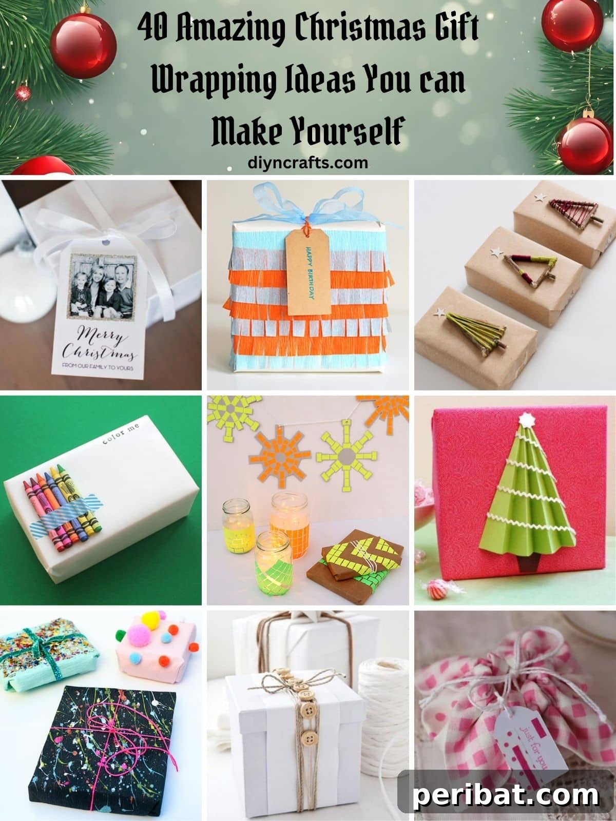A vibrant collage showcasing a diverse range of 40+ creative DIY Christmas gift wrapping ideas, from rustic to modern, all designed to add a personal touch to holiday presents.