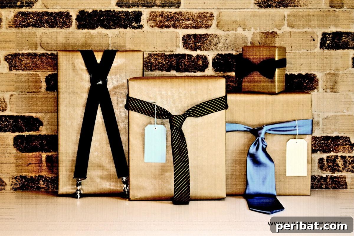 A gift box elegantly wrapped with a men's tie, creating a sophisticated and multi-purpose present, ideal for Father's Day or Christmas.