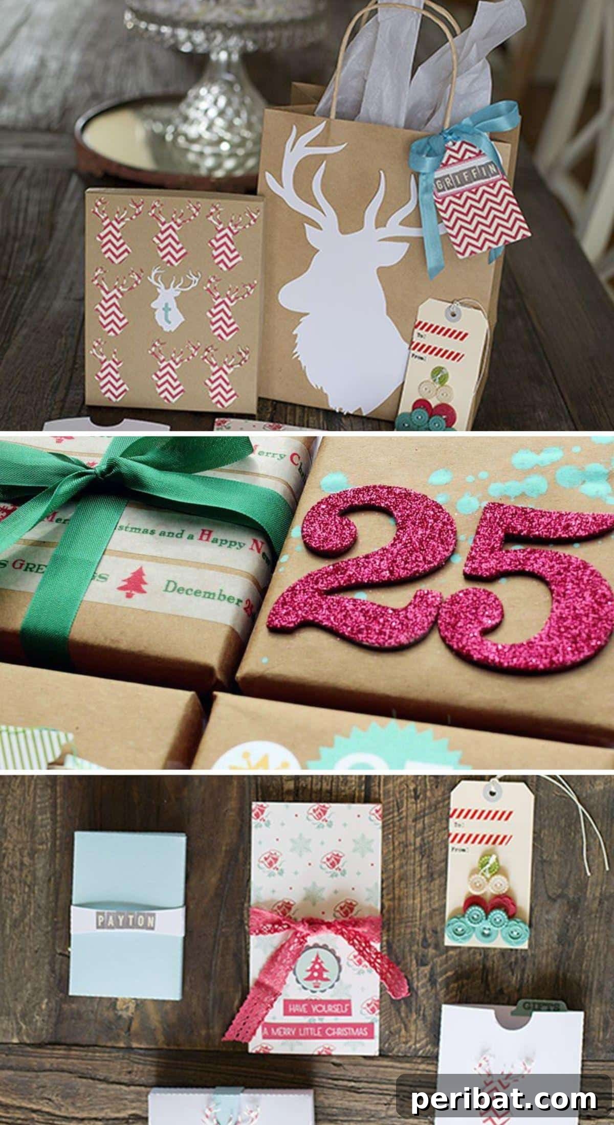 A captivating collection of four unique DIY gift wrap ideas, showcasing creative uses of washi tape, colorful buttons, and various decorative elements for the holidays.
