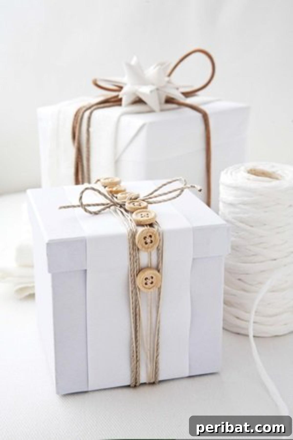 A simple gift package elegantly tied with twine and adorned with an assortment of colorful buttons, creating a rustic yet charming handcrafted look.