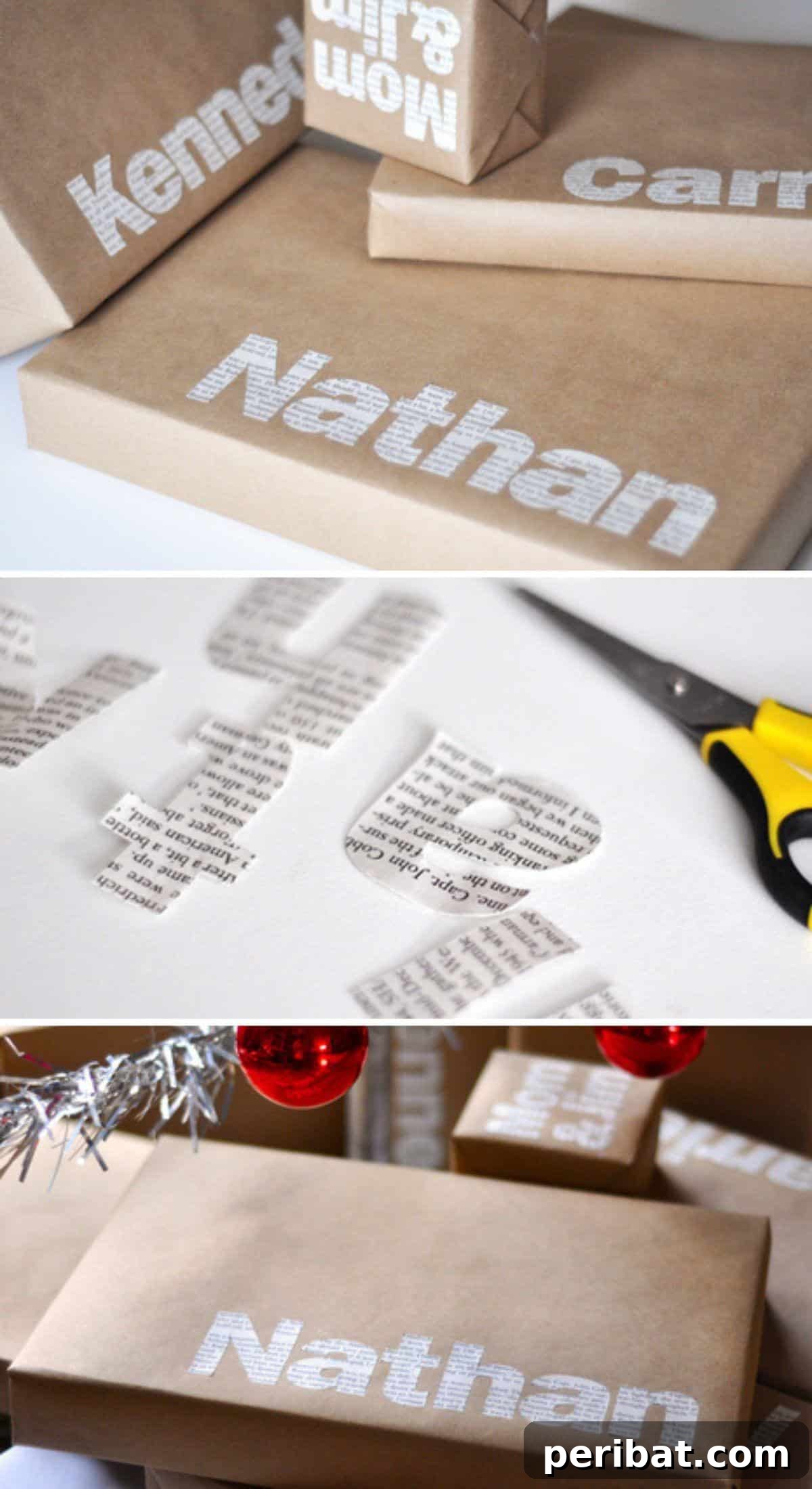 A gift box wrapped in minimalist brown paper, dramatically enhanced with large, bold typographic cut-outs from newsprint, creating a striking artistic statement.
