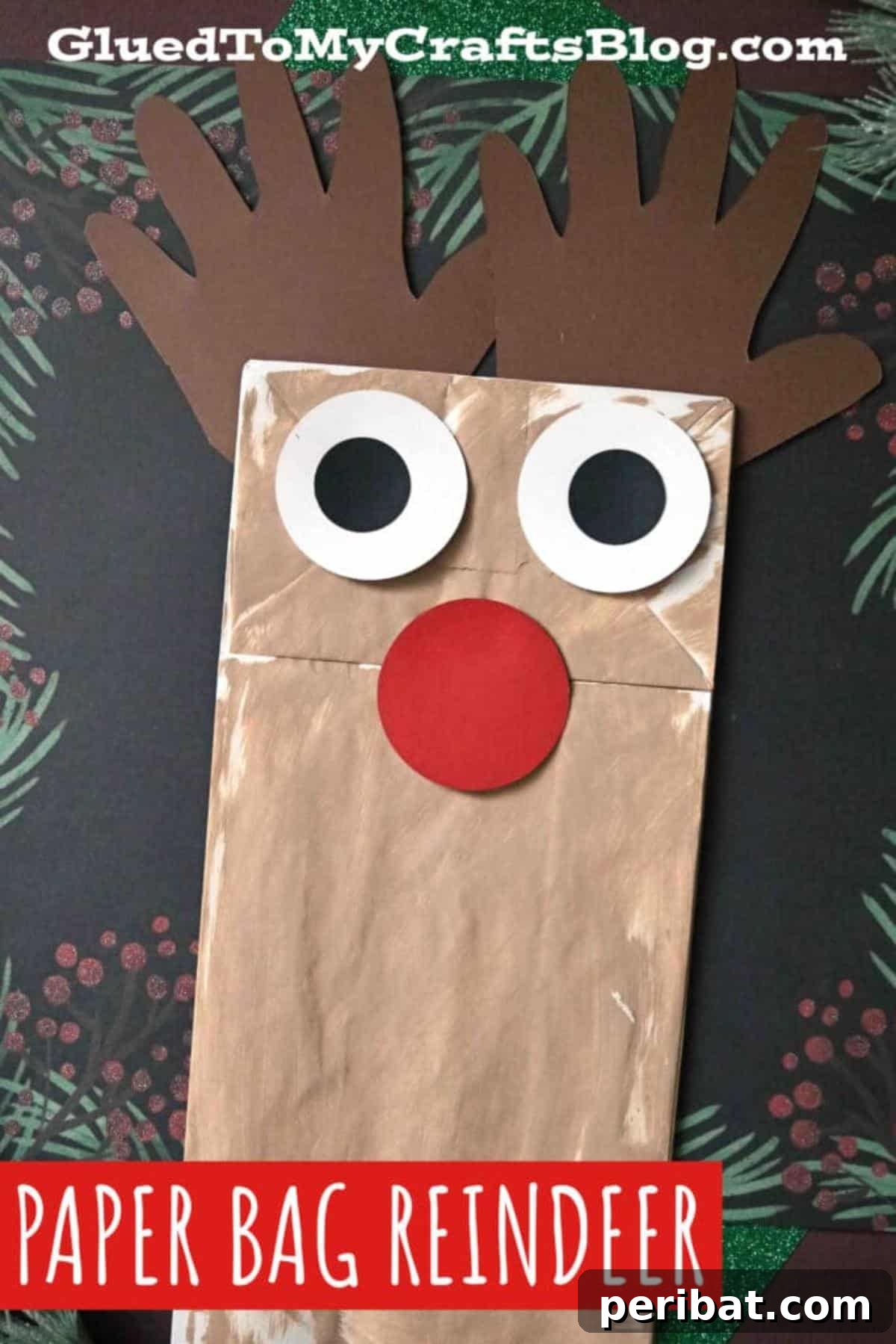 A charming DIY reindeer gift bag made from a brown paper bag, adorned with googly eyes, antlers, and a bright red button nose, perfect for children.