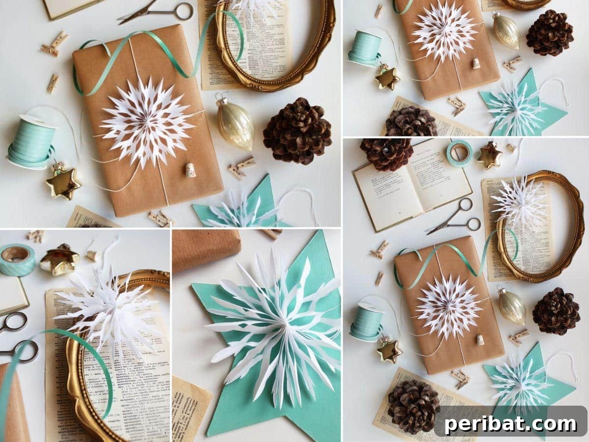 A beautifully wrapped gift adorned with an intricate paper snowflake, serving as a delicate, elegant, and festive topper.