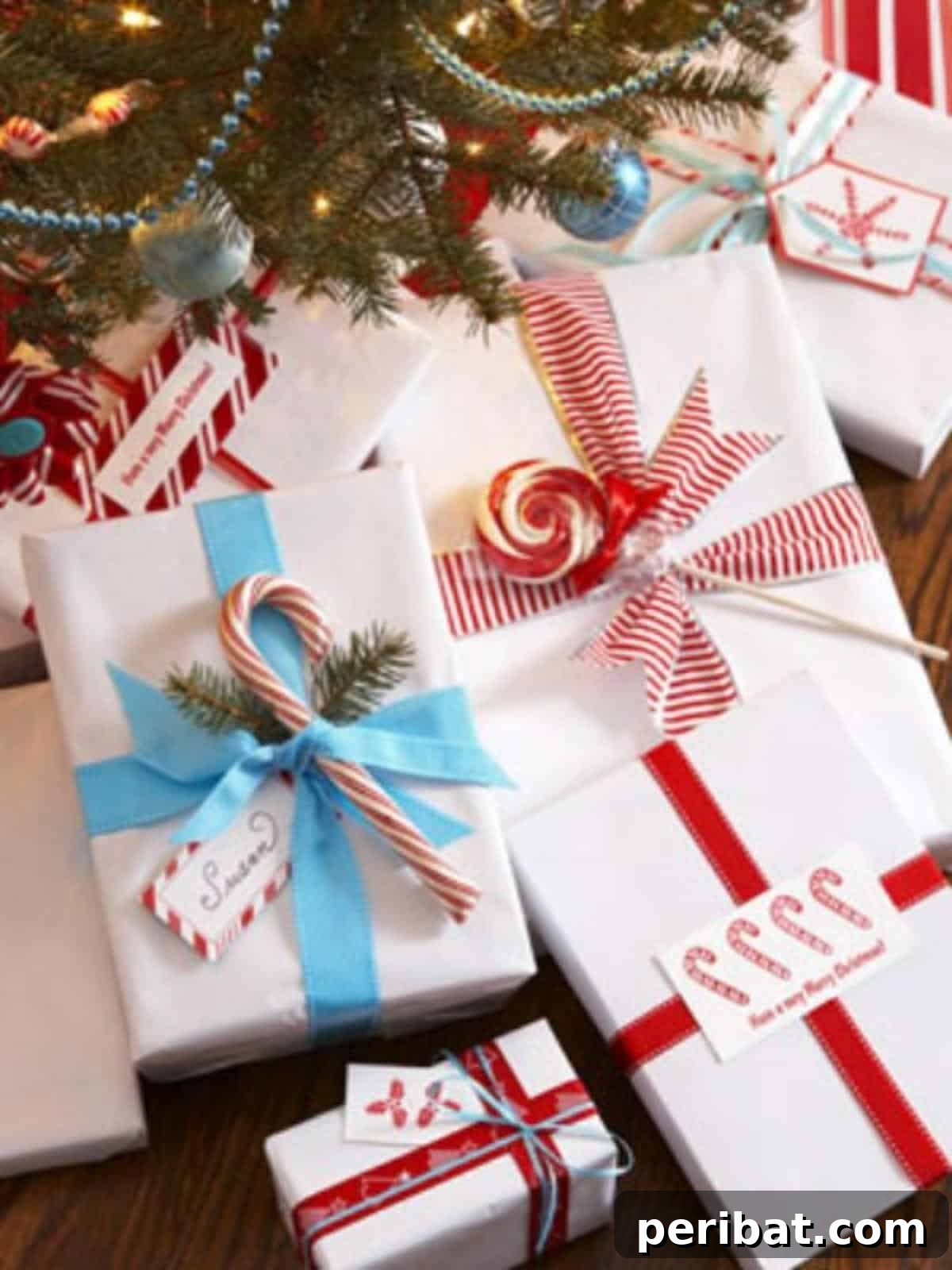 Christmas gifts creatively wrapped with candy canes and other festive sweets as decorative elements, adding a delicious and exciting touch.