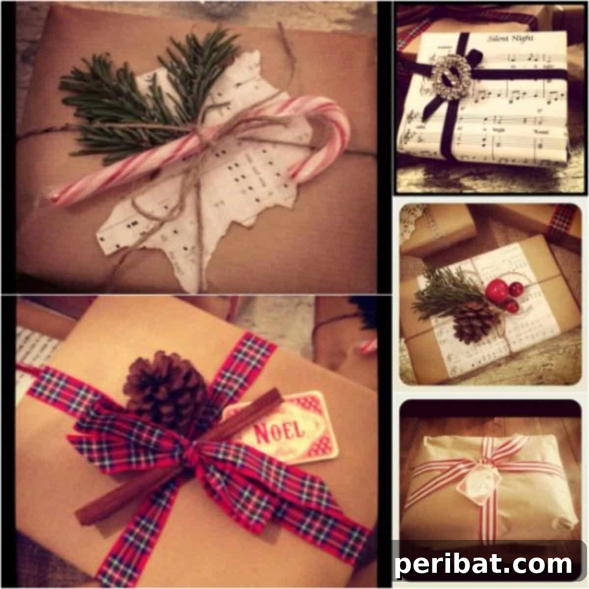 A gift wrapped in rustic brown paper and vintage sheet music, beautifully adorned with natural elements like a pinecone, evergreen sprig, and plastic berries, tied with twine.