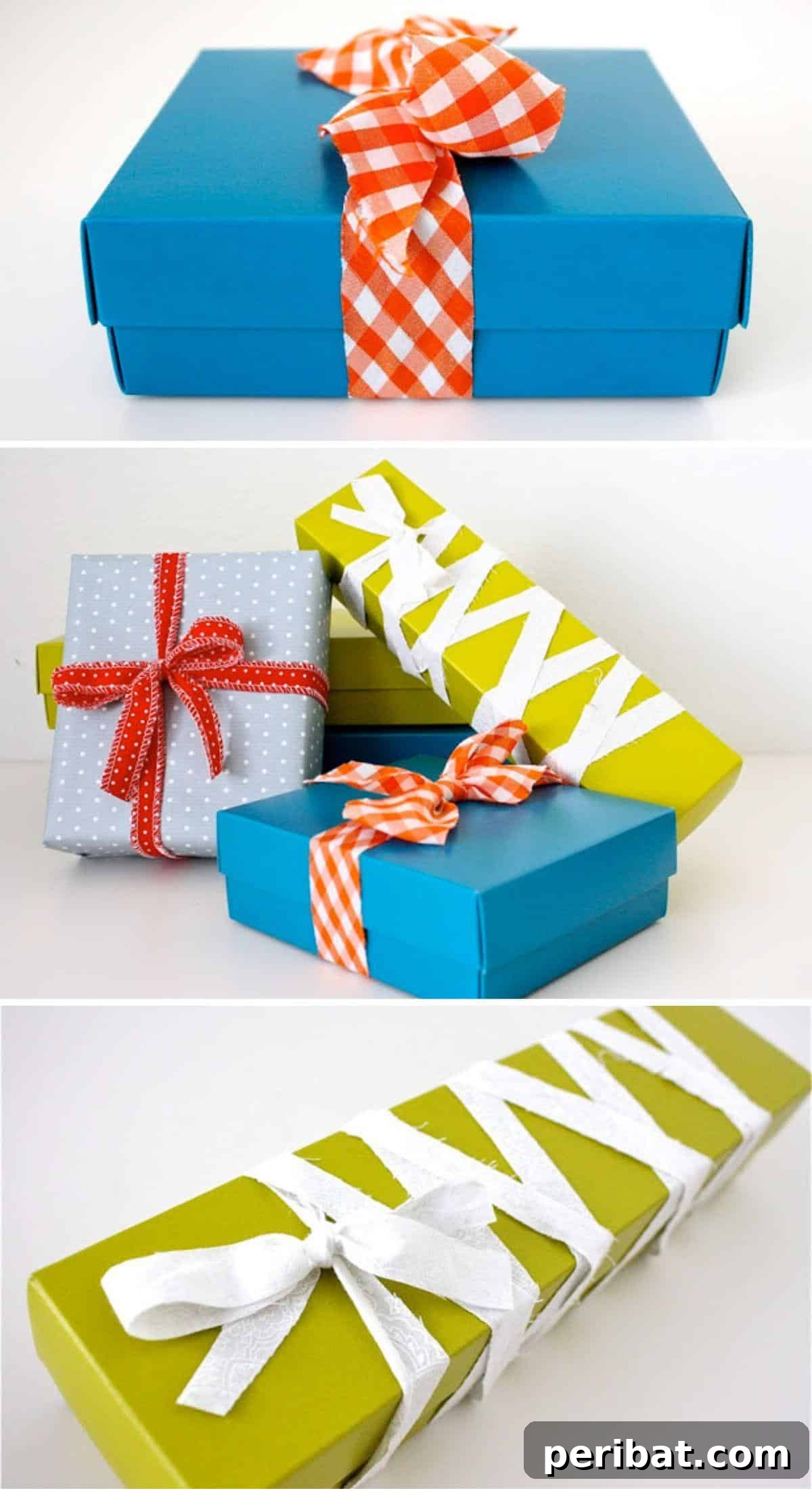 A creatively wrapped gift using a long strip of patterned fabric as a ribbon, showcasing its raw edges for a rustic yet chic look, holding a long box closed.