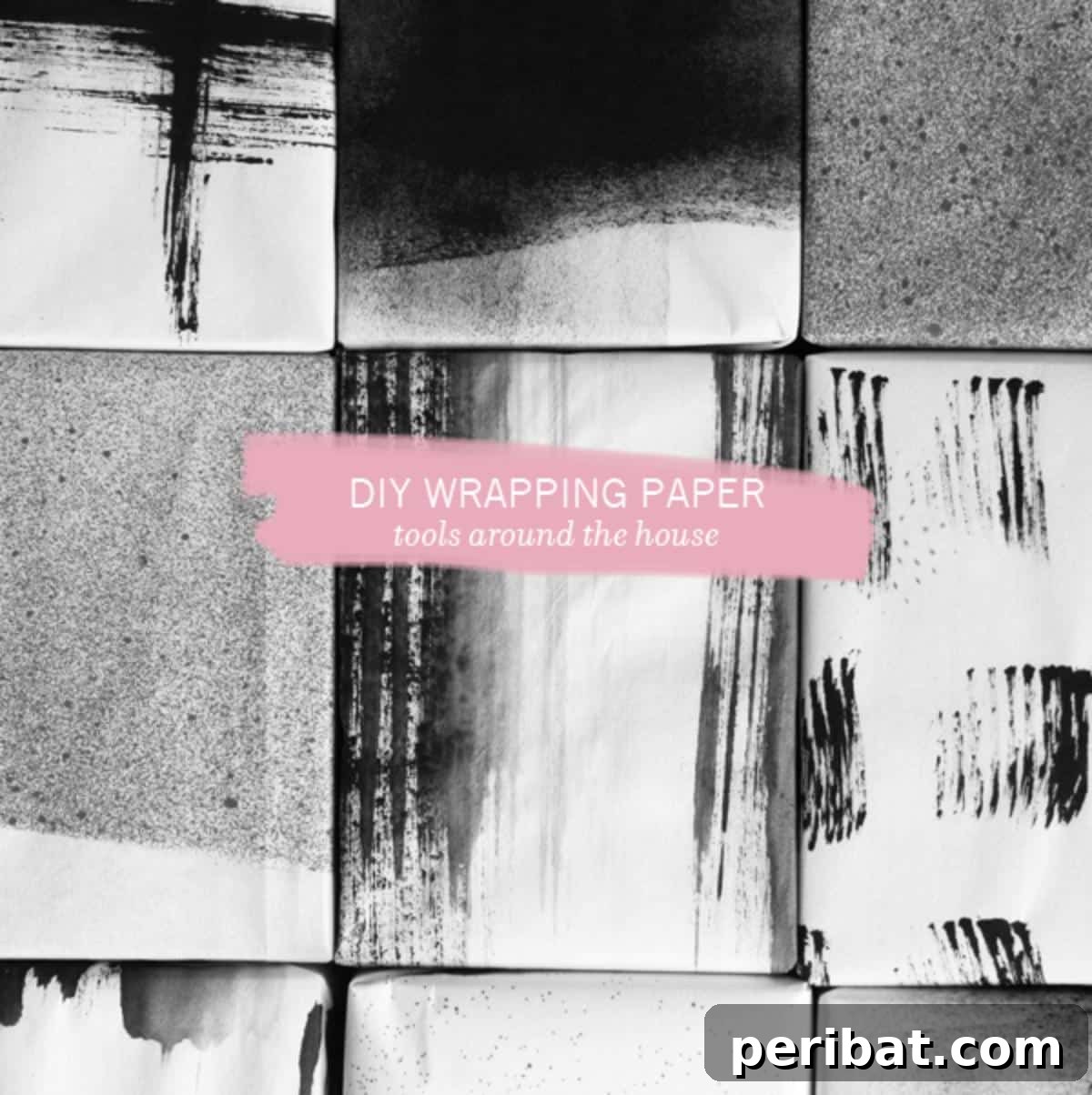 A collection of gifts wrapped in unique, hand-painted black and white wrapping paper, featuring various artistic patterns created with simple household tools.