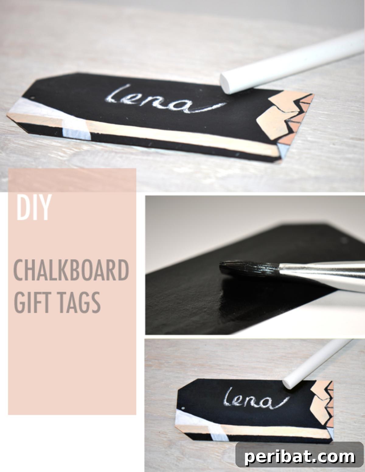 Handmade chalkboard gift tags tied to various gifts, featuring personalized messages written in white chalk, adding a rustic and charming touch.