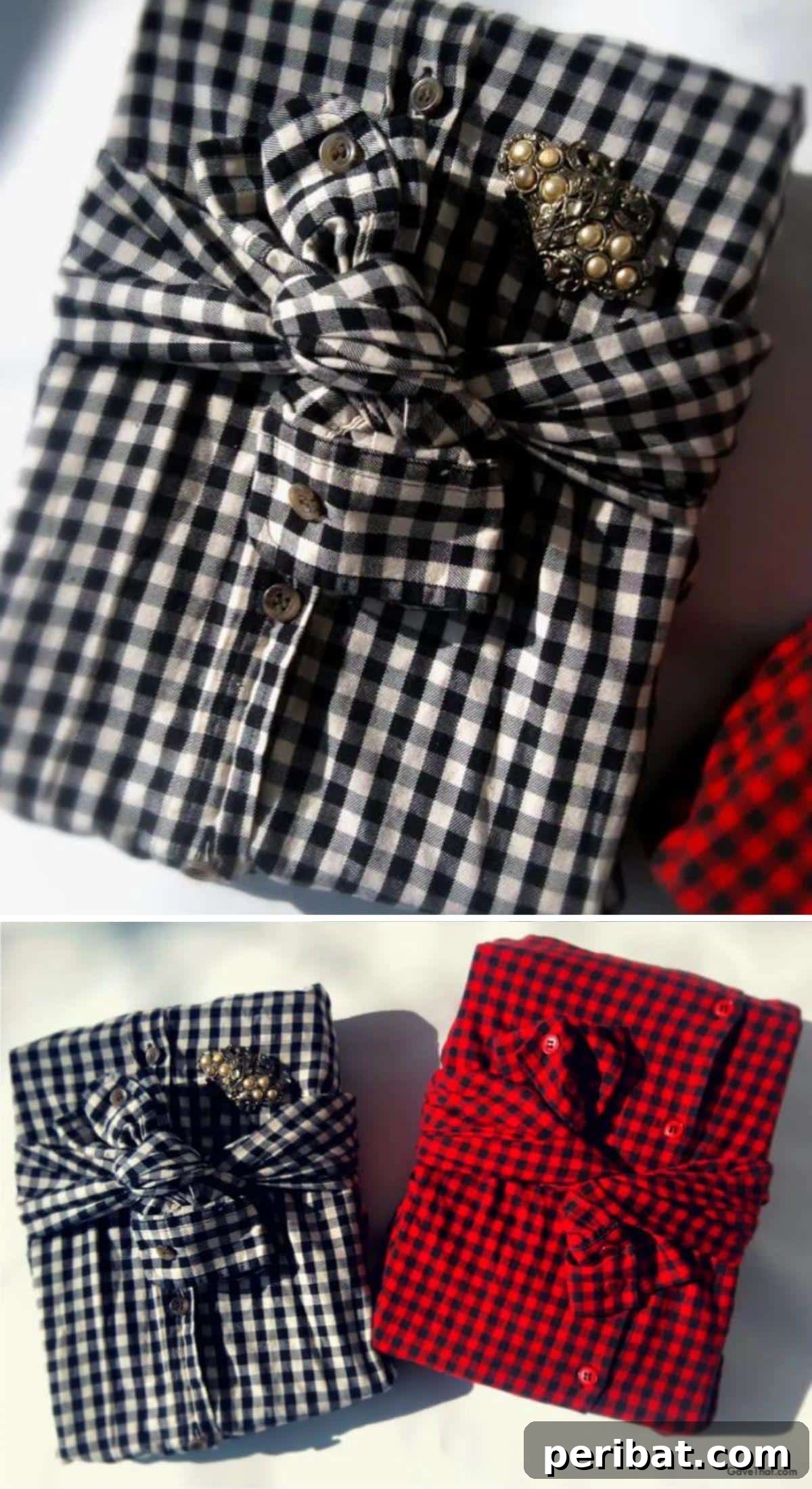 A gift box cleverly wrapped within a perfectly folded shirt, presenting two gifts in one innovative and stylish package.