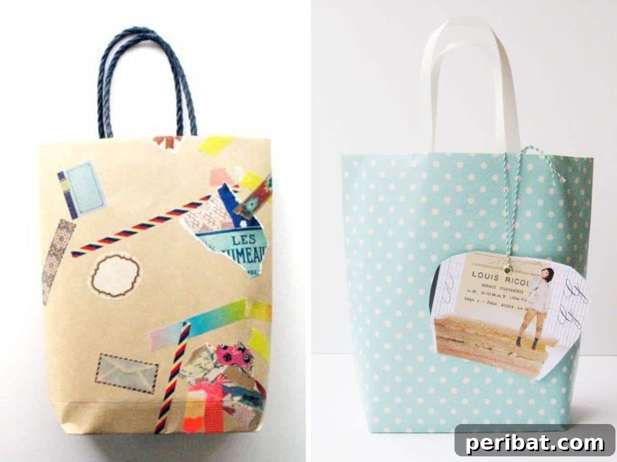 Two neatly crafted DIY gift bags made from festive wrapping paper, complete with sturdy handles, showcasing a clever solution for last-minute wrapping needs.