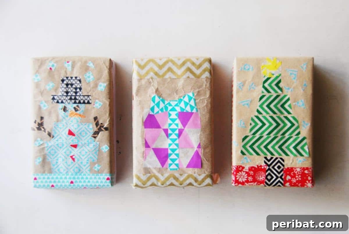 Three exquisitely decorated gift packages, each uniquely adorned with intricate designs created entirely from colorful washi tape, including a detailed snowman.