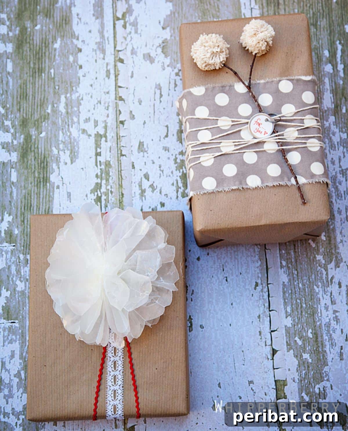 A beautifully wrapped gift topped with an intricate, delicate flower bow crafted from tissue paper, adding an ethereal and whimsical touch.