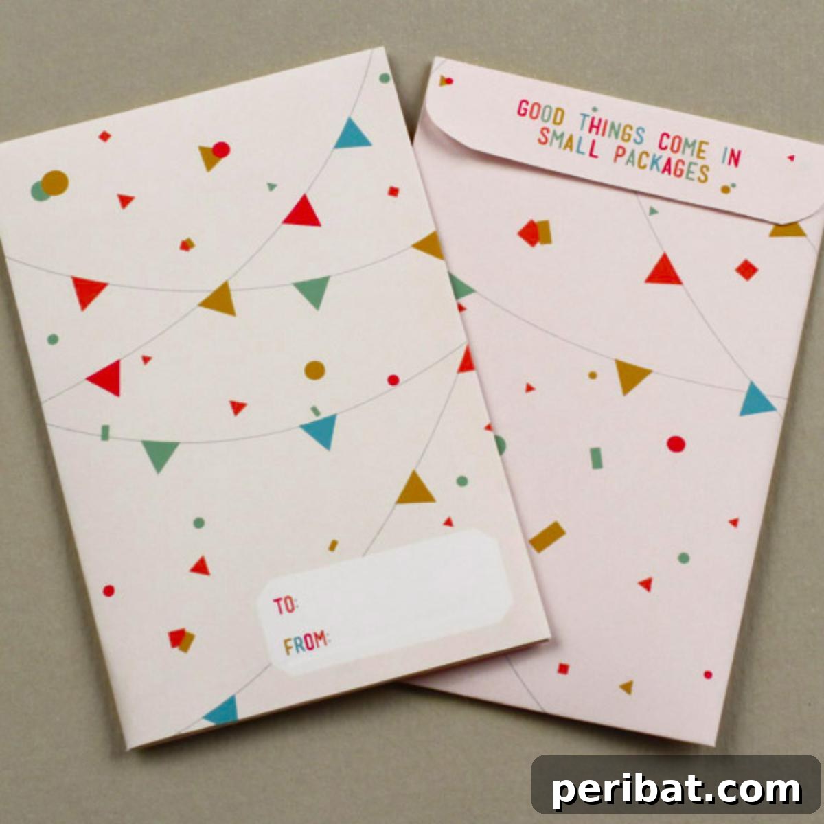 Adorable printable gift card envelopes with festive designs, featuring the charming phrase 'Good things come in small packages'.