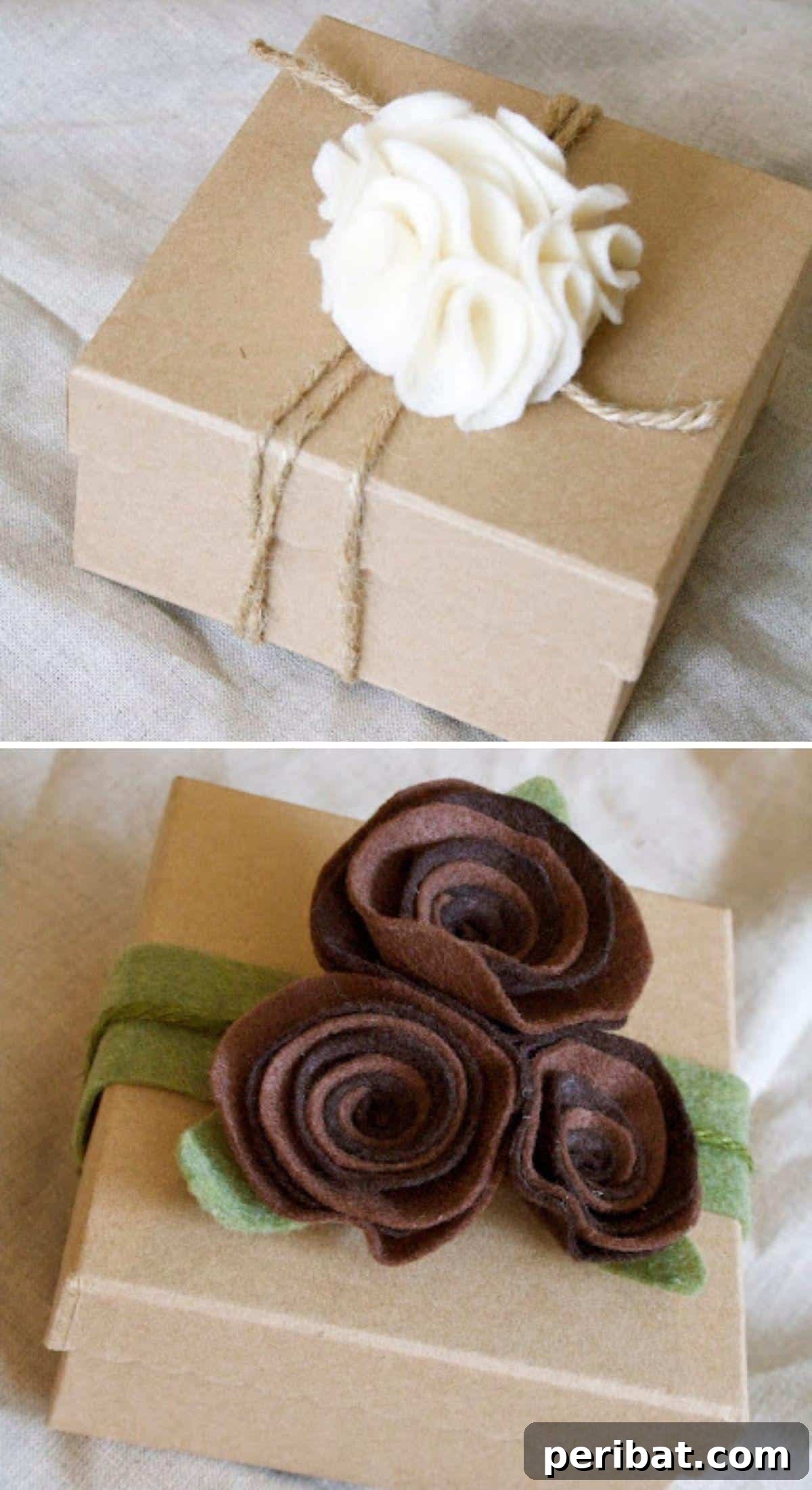 A beautifully wrapped gift adorned with vibrant, handmade felt roses, adding a soft, textured, and elegant floral embellishment.