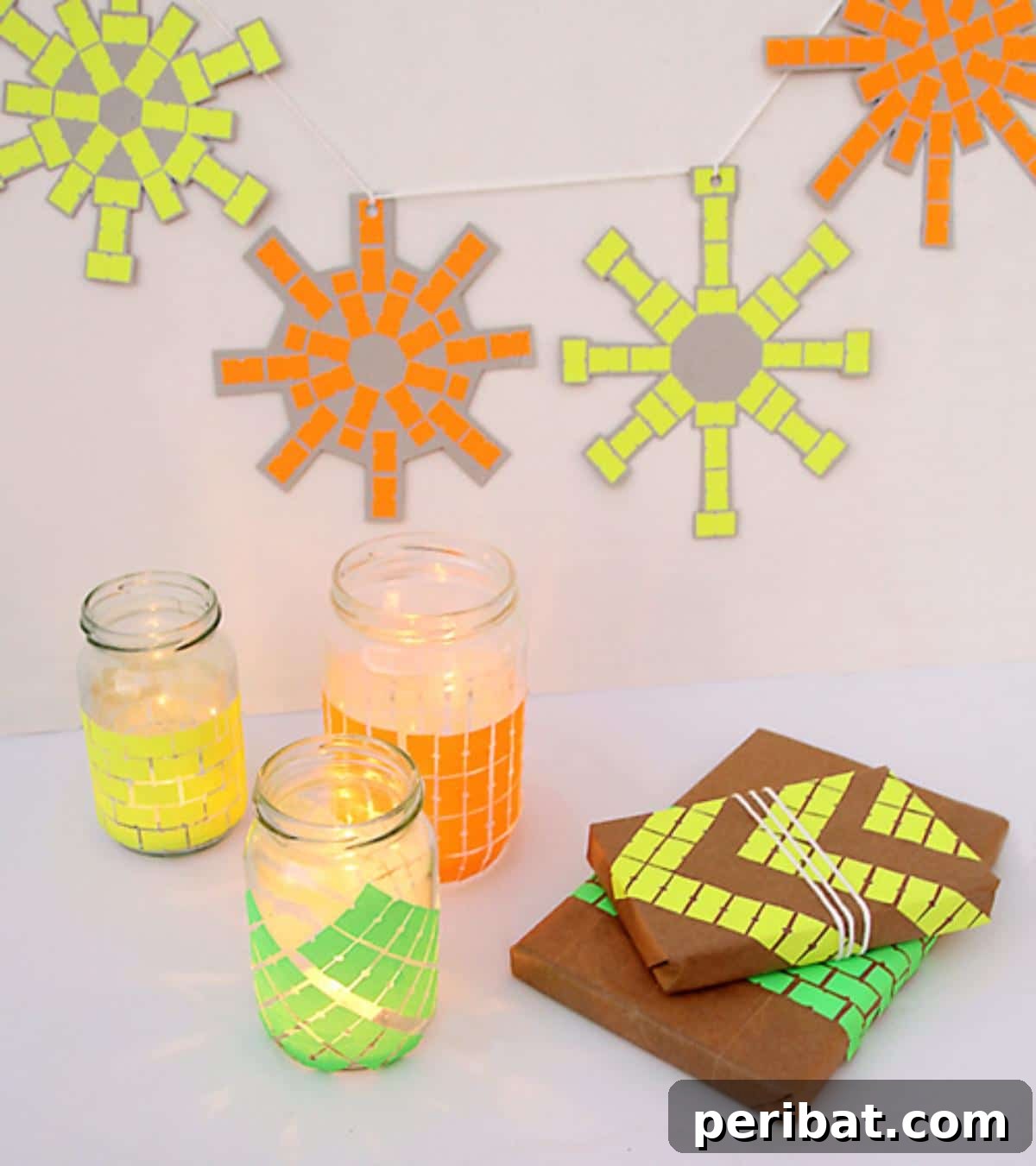 Creative DIY holiday wrapping featuring vibrant patterns created with neon price tag stickers, alongside decorated candle jars, showcasing resourceful design.