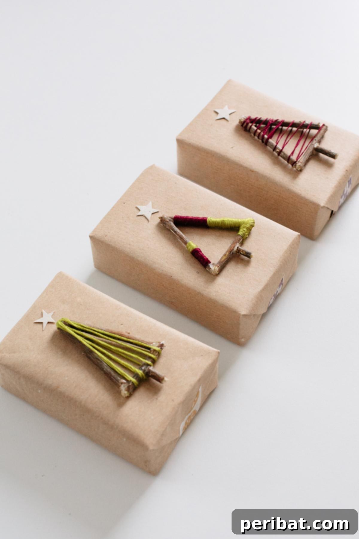DIY rustic Christmas tree gift toppers made from small wooden sticks and string, adding a natural and charming touch to wrapped presents, ideal for a cozy aesthetic.