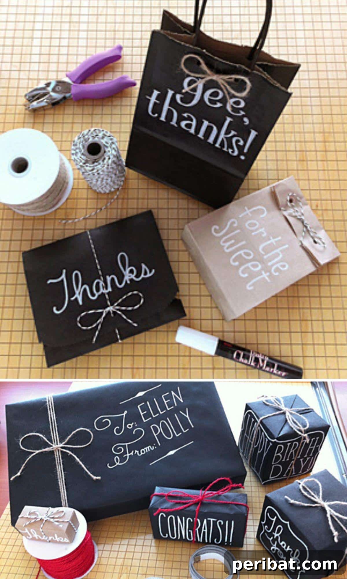 Christmas gifts wrapped in elegant chalkboard paper, beautifully adorned with festive messages and artistic designs written with a white chalkboard marker.