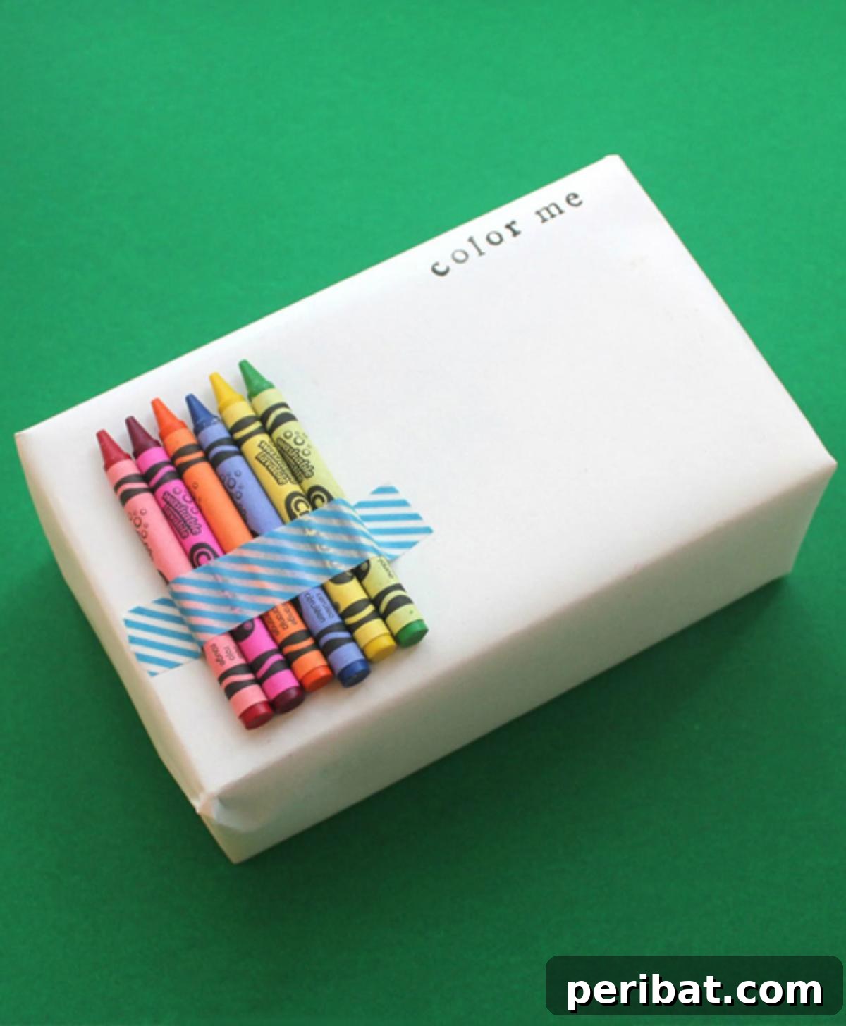 Children's presents wrapped in plain white paper, with crayons taped to the top, inviting kids to draw and personalize their gifts before opening them.