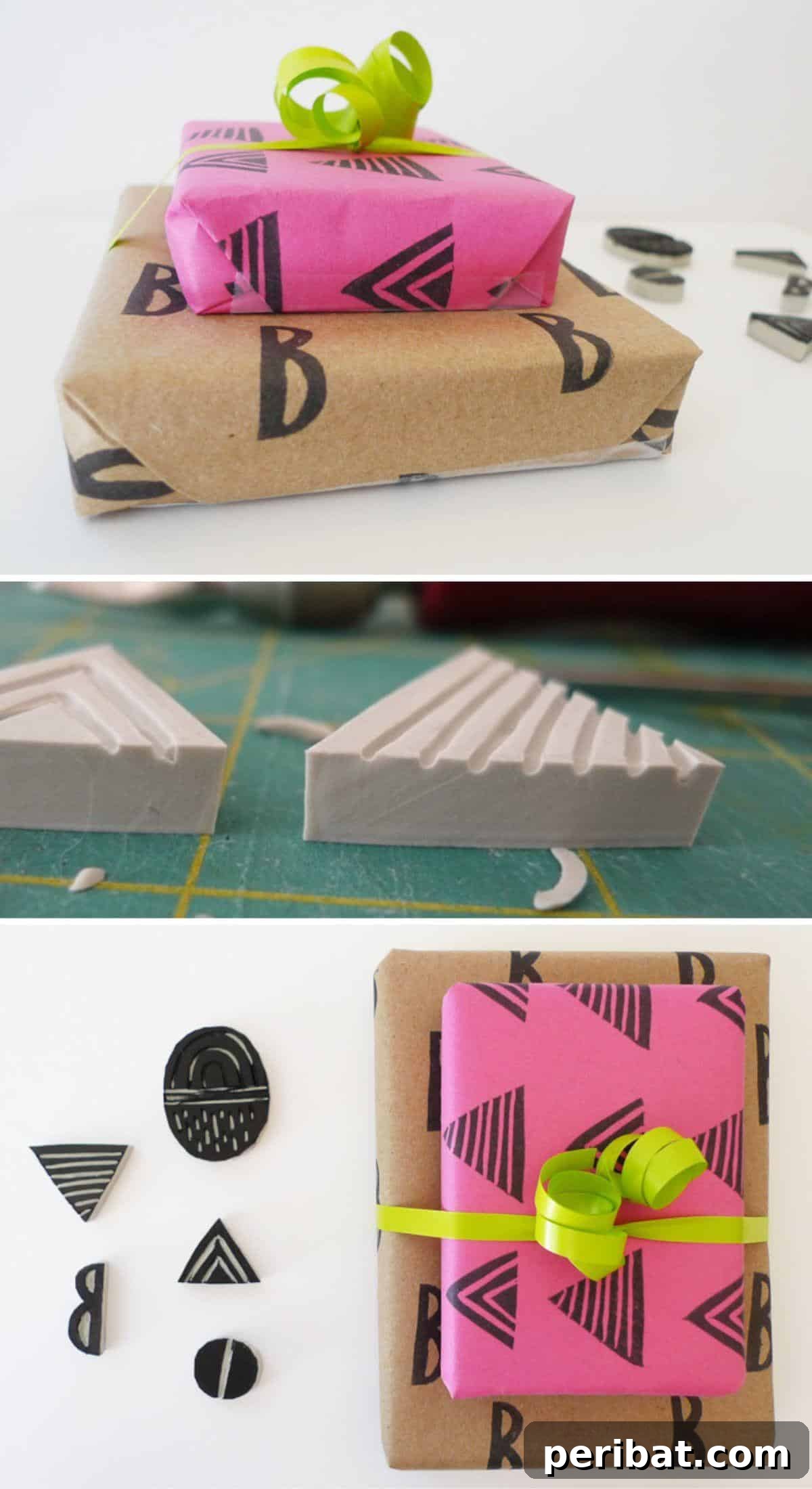Plain brown wrapping paper adorned with a unique, custom-made pattern created using a handmade stamp and ink, showcasing a personalized artistic touch.