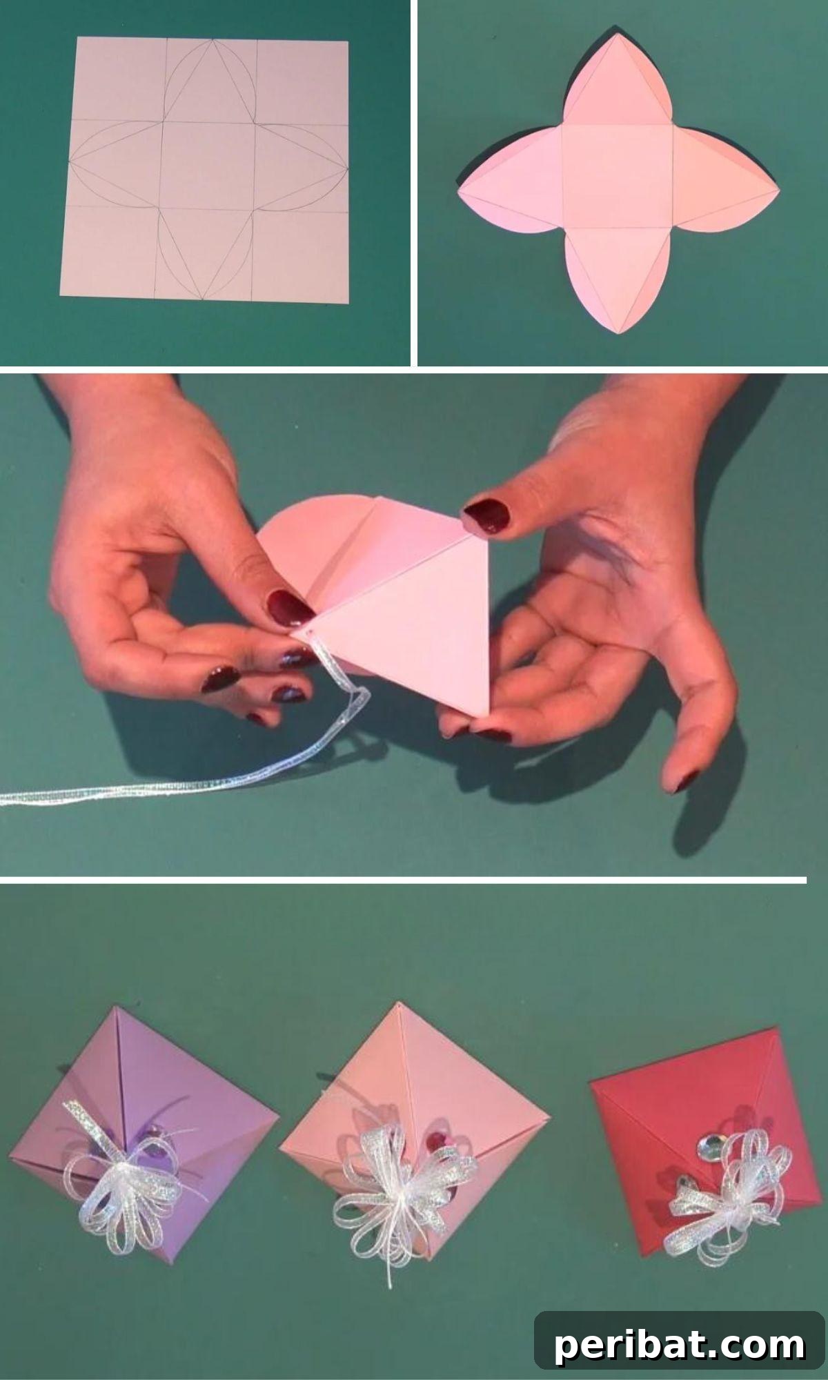 Assorted DIY origami pyramid gift boxes, beautifully folded from patterned paper and tied with string, ideal for presenting small gifts like jewelry or trinkets.