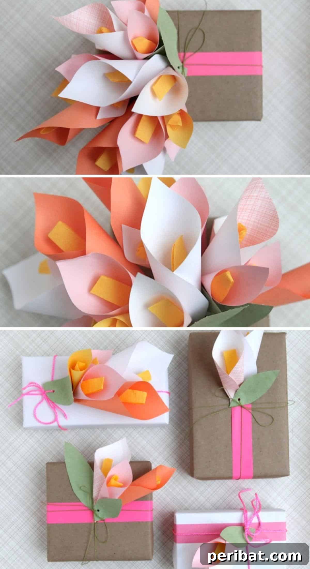 A beautifully wrapped gift package adorned with delicate DIY paper calla lilies, adding a sophisticated and vibrant floral embellishment.