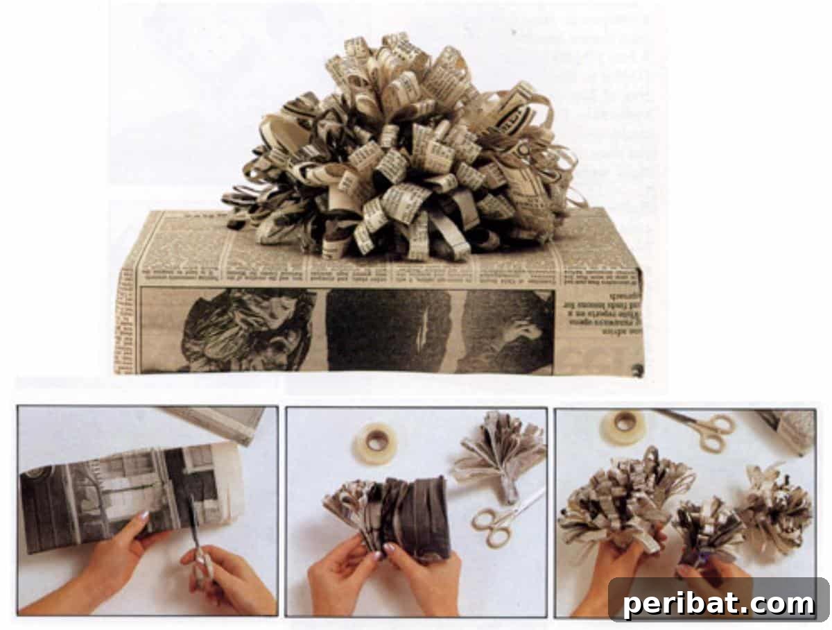 A creatively wrapped gift box using newspaper as wrapping paper, adorned with delicate paper butterflies for a captivating three-dimensional effect.