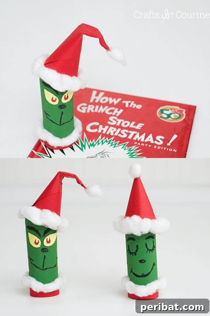 Creative Cardboard Roll Projects Kids Will Adore 16 Festive Grinch toilet paper roll craft, perfect for Christmas decorations.