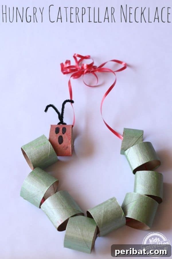 Creative Cardboard Roll Projects Kids Will Adore 23 Colorful Hungry Caterpillar necklace made from painted and cut toilet paper rolls, inspired by the book.