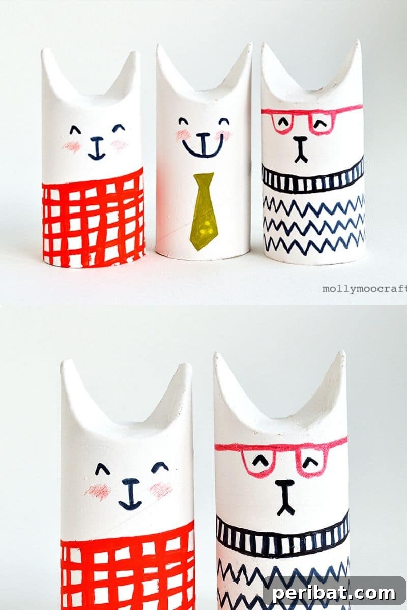 Creative Cardboard Roll Projects Kids Will Adore 24 Elegant toilet paper roll cats, painted and decorated for a sophisticated craft project.