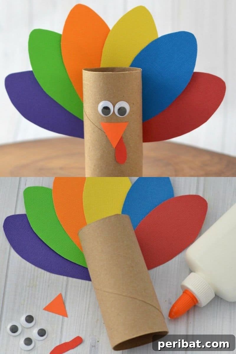 Creative Cardboard Roll Projects Kids Will Adore 30 Festive paper roll turkey craft with colorful construction paper feathers, ideal for Thanksgiving.
