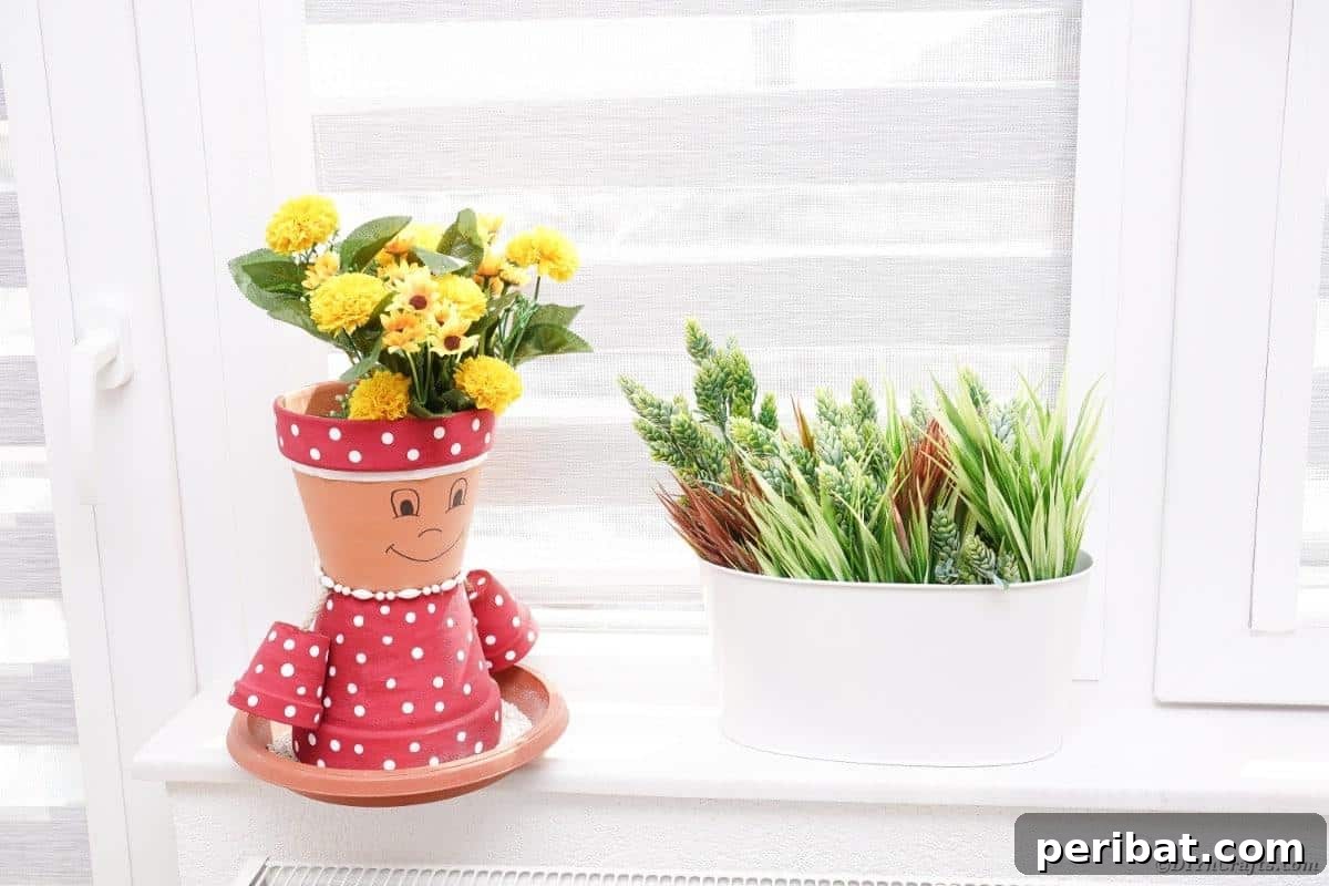 Pink Polka Dot Flower Pot Character on a Windowsill